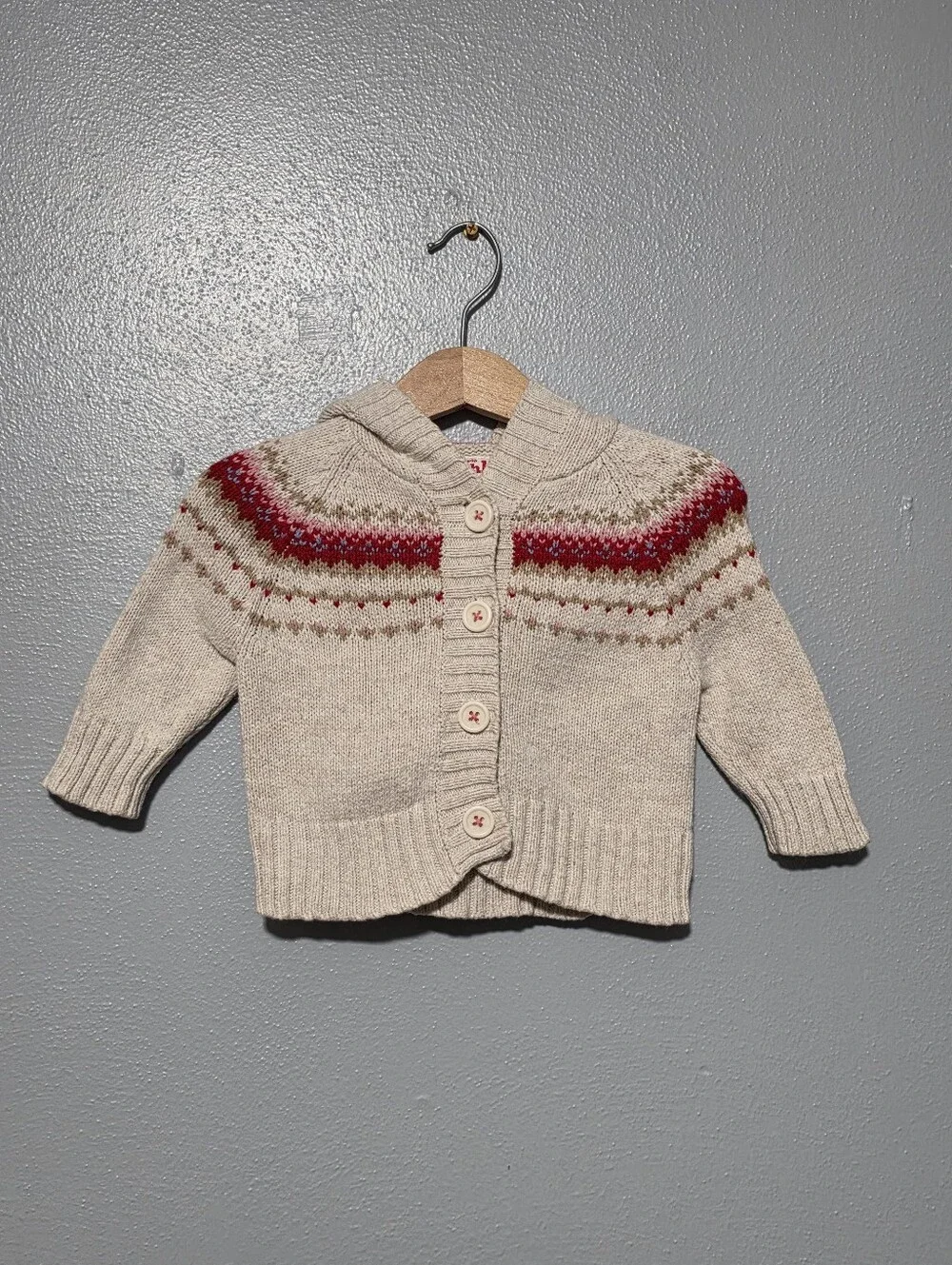 OSHKOSH Hooded Fair Isle Sweater Cardigan Baby 6 Mos Cream Red Wool Blend Y2K